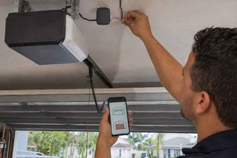 Person reaching toward wires beside a small ceiling-mounted device while holding a phone displaying garage-door symbols.